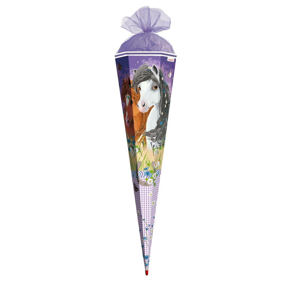 Roth Schultüte Blumenpferde, 85cm, eckig, Rot(h)-Spitze, Tüllverschluss, Glitter