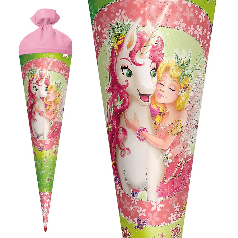 Roth Schultüte Einhornglück, 70cm, rund, Rot(h)-Spitze, Filzverschluss, Glitter