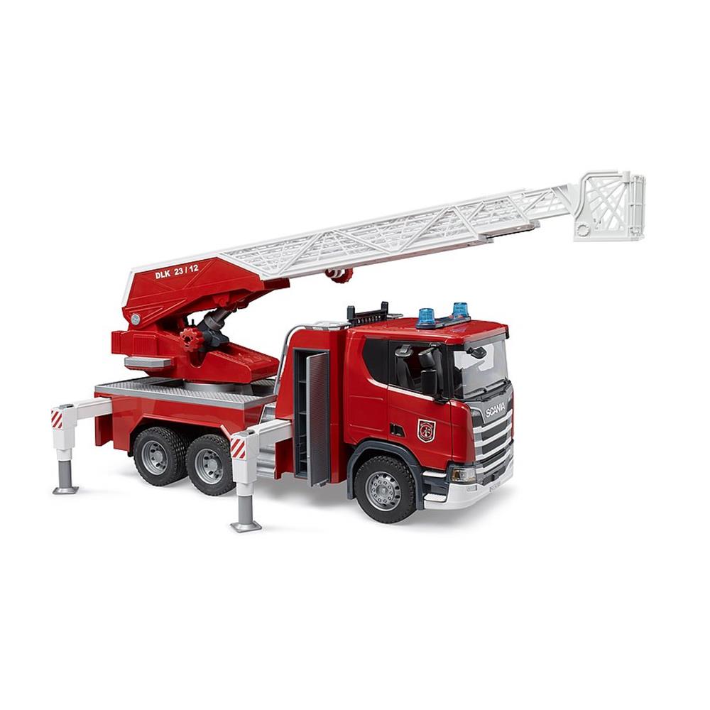 Bruder 03591 - Scania Super 560R Feuerwehr mit Drehleiter, Wasserpumpe, Licht & Sound Modul