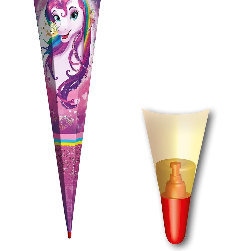 Roth Schultüte Einhornportrait, 85cm, eckig, Rot(h)-Spitze, Tüllverschluss, Glitzer