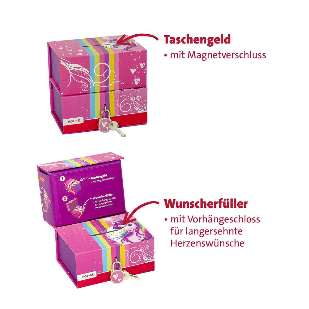 Roth Spardose Einhornportrait, mit 2 getrennten Boxen, mit Magnet und Vorhängeschloss