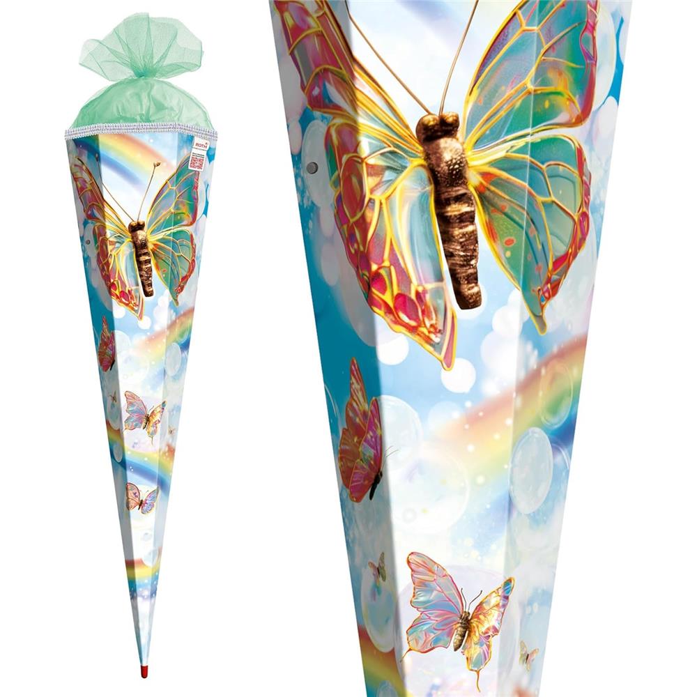 Roth Schultüte Rainbow Butterfly, 85cm, eckig, Rot(h)-Spitze, Tüllverschluss, Glitzerborte, mit Sound