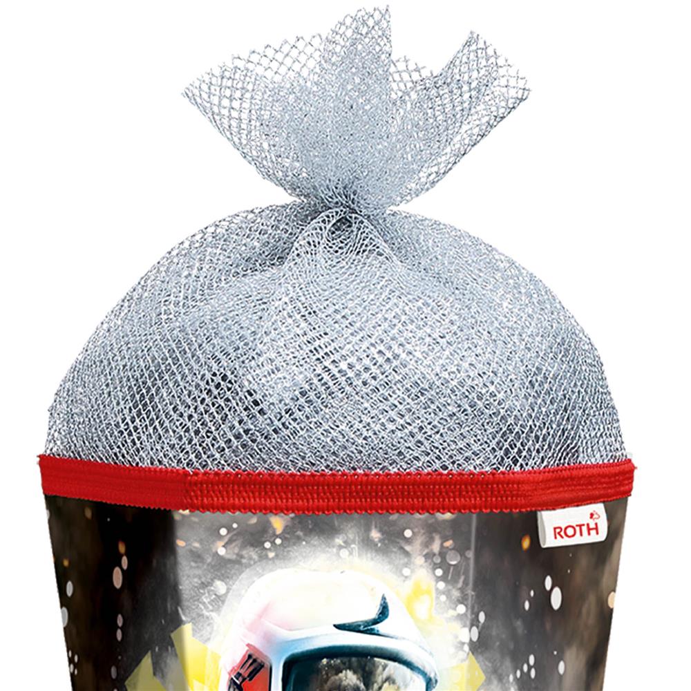 Roth Schultüte Feuerwehrmann, 85cm, eckig, Rot(h)-Spitze, Tüllverschluss (Silbertüll), Folieneffekt