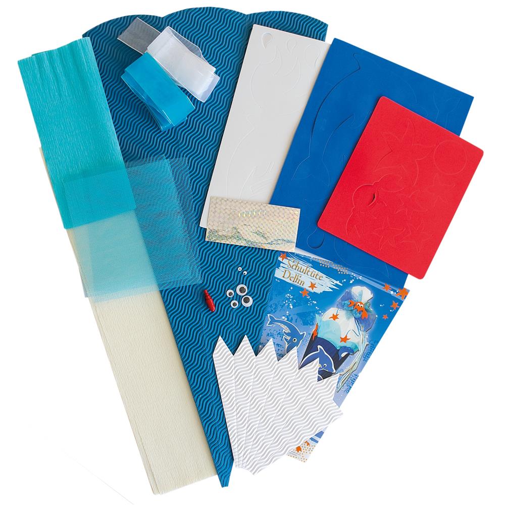 Roth Schultüte-Bastelset, Delfin, 68cm, eckig, Rot(h)-Spitze, Kreppverschluss