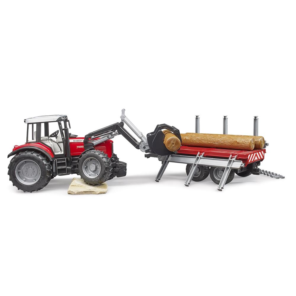 Bruder 02046 - Massey Ferguson 7480 mit Frontlader und Holztransportanhänger und 3 Baumstämmen