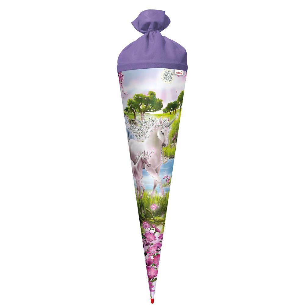 Roth Schultüte Einhorn mit Fohlen, 70cm, rund, Rot(h)-Spitze, Filzverschluss, Glitter