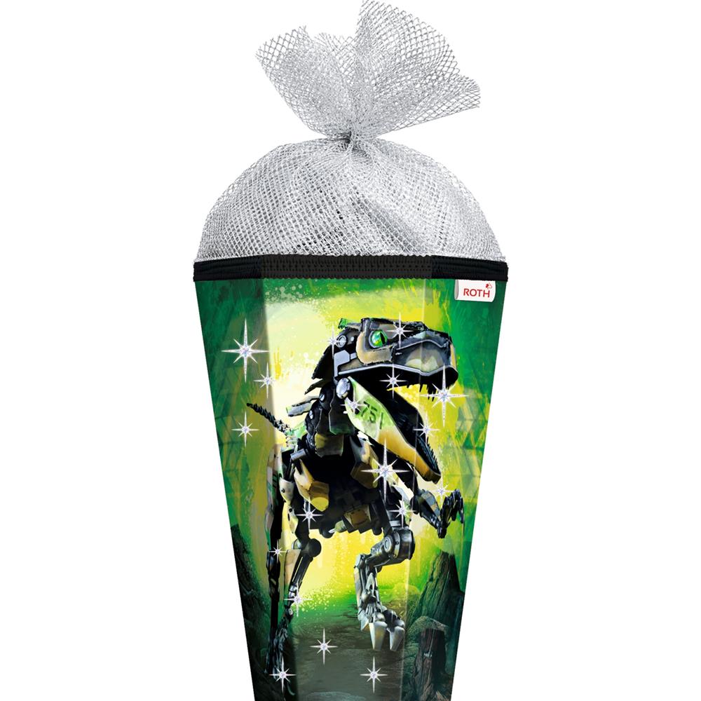 Roth Schultüte Dinosaurier Robo-Rex, 85cm, eckig, Rot(h)-Spitze, Tüllverschluss (Silbertüll), Folieneffekt