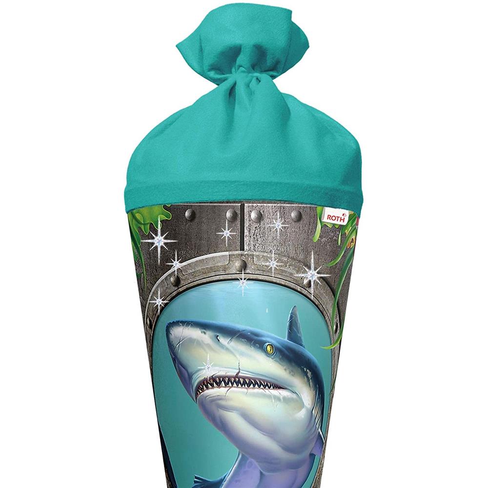 Roth Schultüte Hai, 70cm, rund, Rot(h)-Spitze, Filzverschluss, Folieneffekt