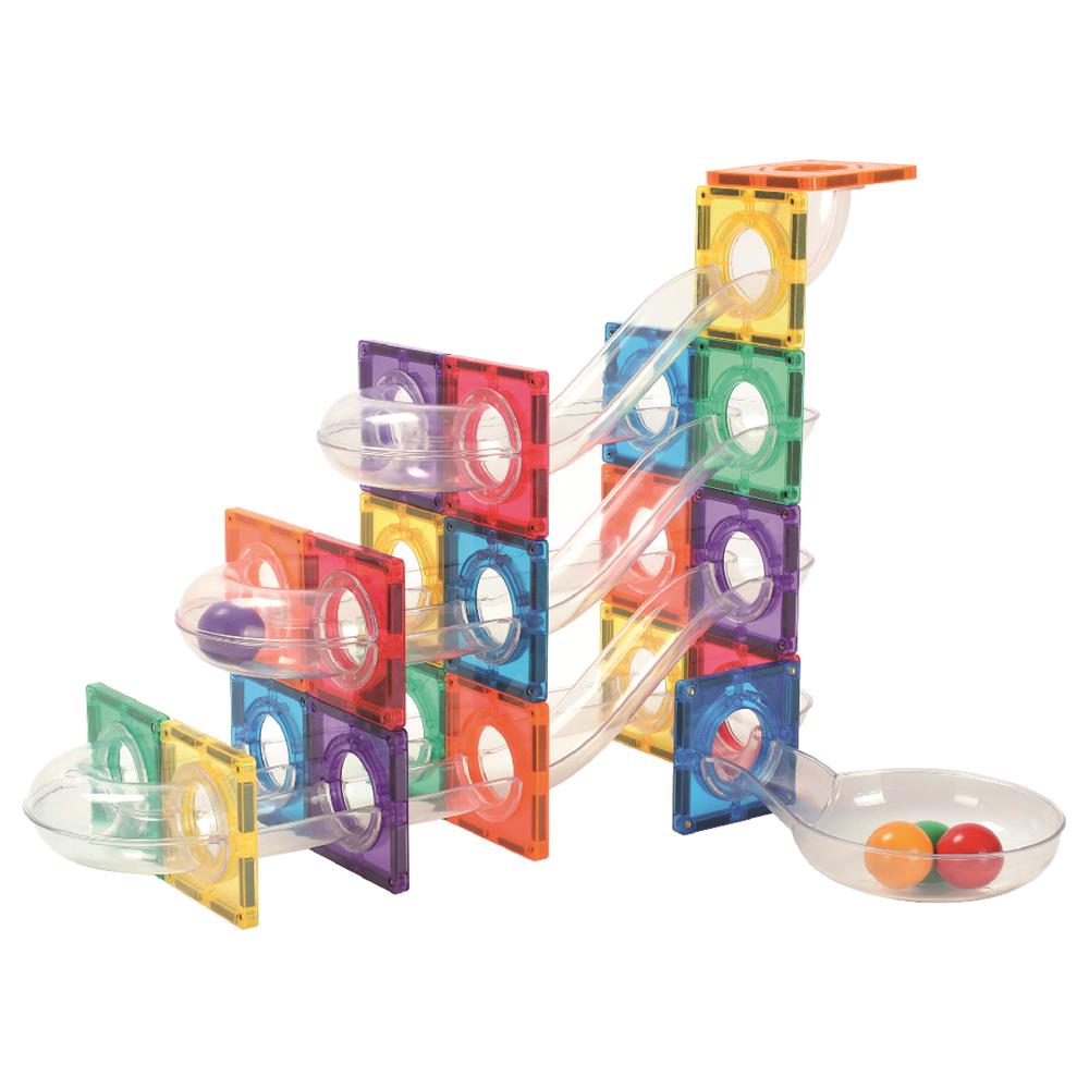 Cleverclixx Kugelbahn Kompakt-Bausatz Knallfarben 60 Teile, Erweiterungsset, Murmelbahn, Magnetspielzeug
