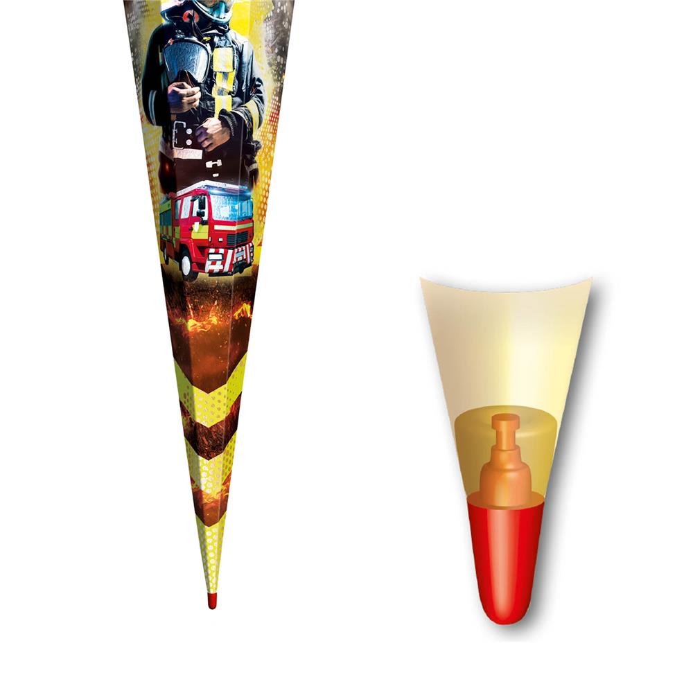 Roth Schultüte Feuerwehrmann, 85cm, eckig, Rot(h)-Spitze, Tüllverschluss (Silbertüll), Folieneffekt