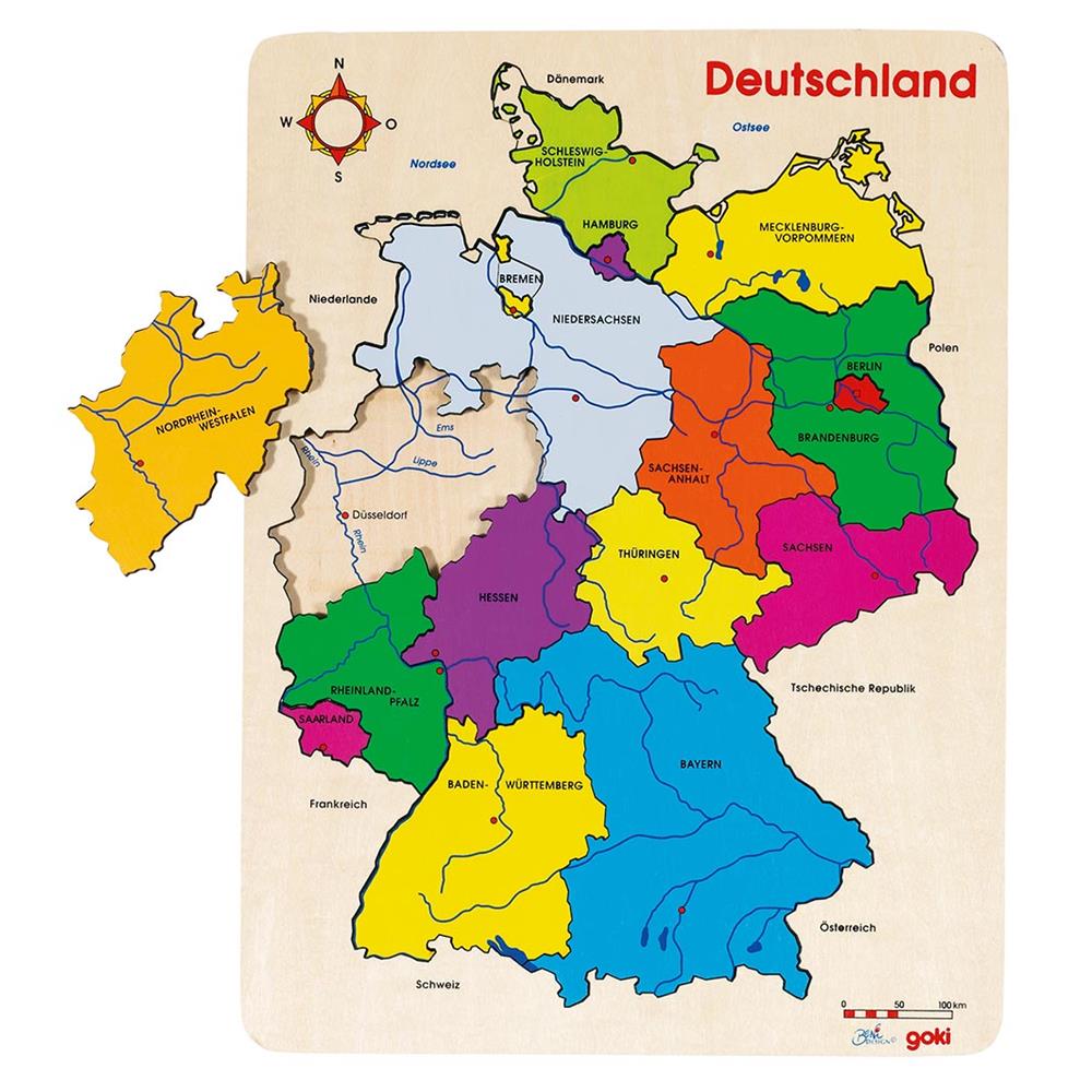Goki Einlegepuzzle Deutschland II - Lernspielzeug (Flüsse, Bundesländer, Städte)