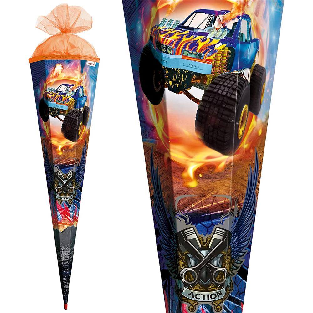 Roth Extra große XXL Schultüte Monstertruck Fire, 100cm, eckig, Rot(h)-Spitze, Tüllverschluss