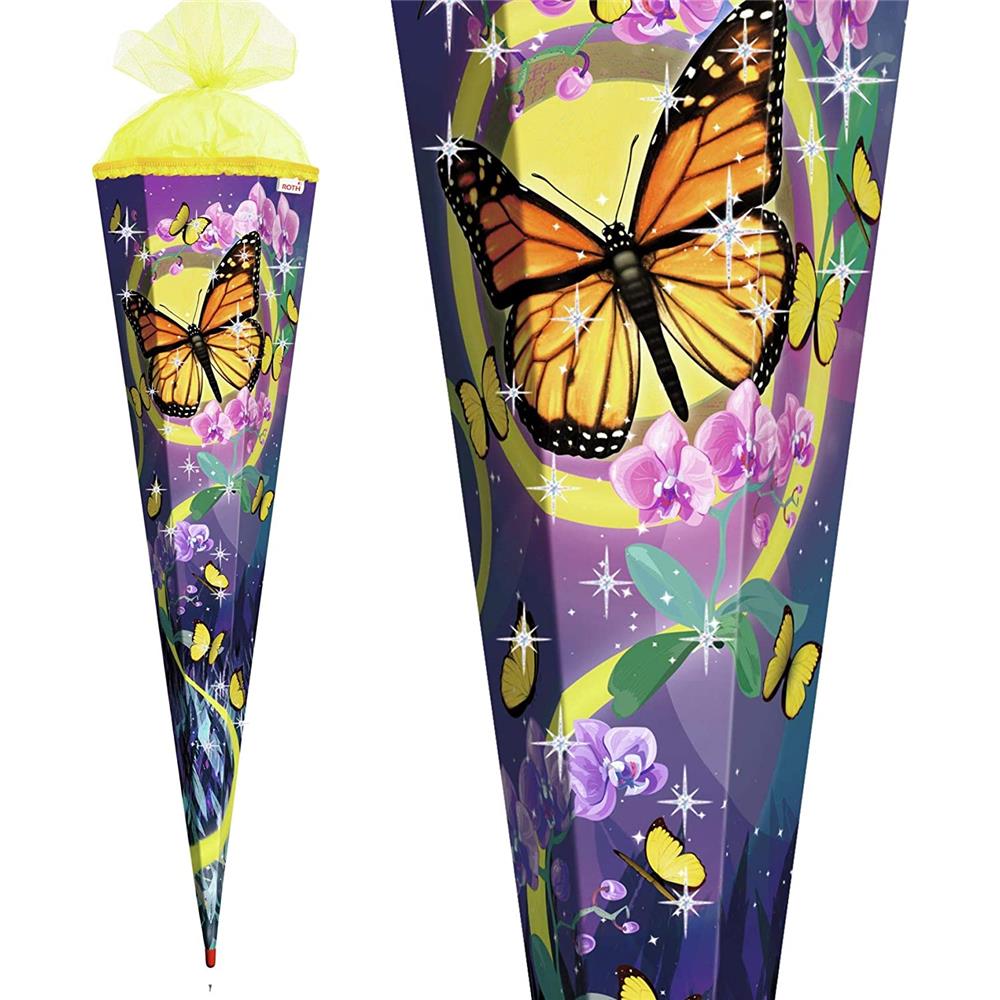 Roth Schultüte Schmetterling, 85cm, eckig, Rot(h)-Spitze, Tüllverschluss, Glitter, Rüschenborte