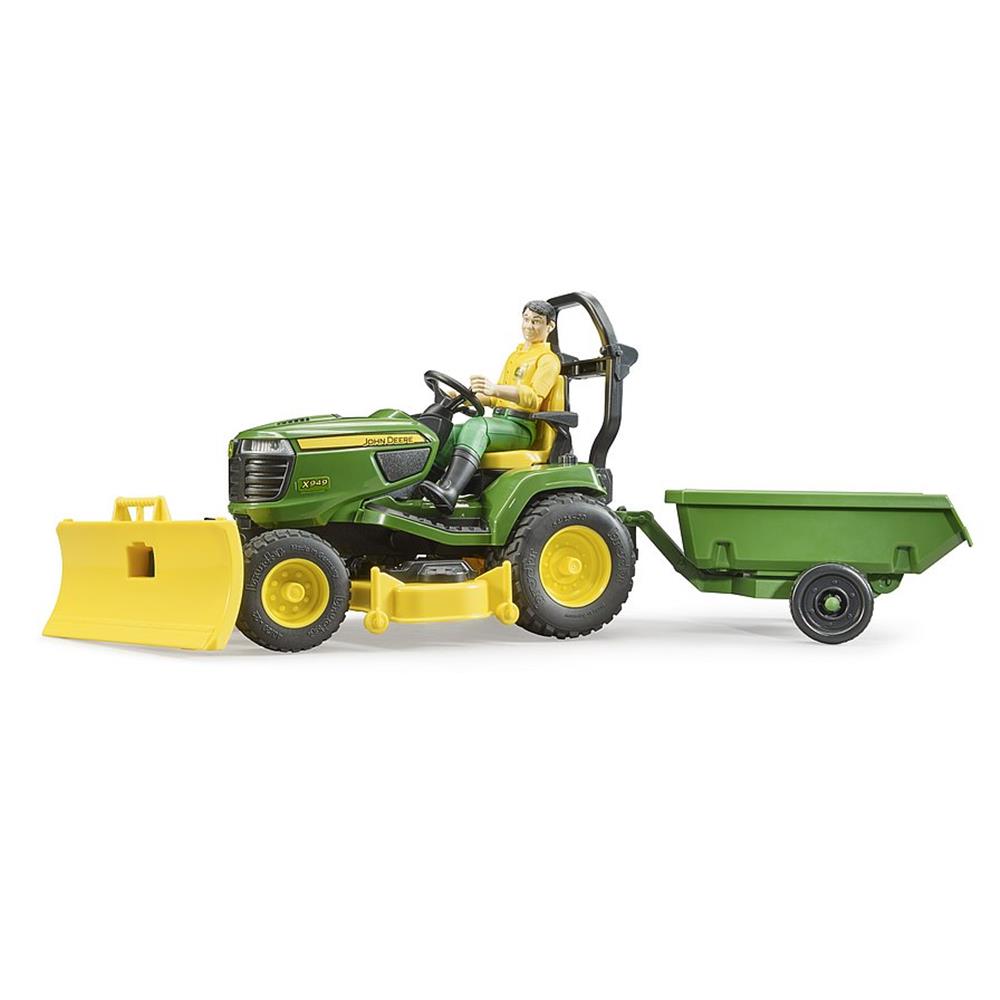 Bruder 62104 - bworld John Deere Aufsitzrasenmäher mit Anhänger und Gärtner