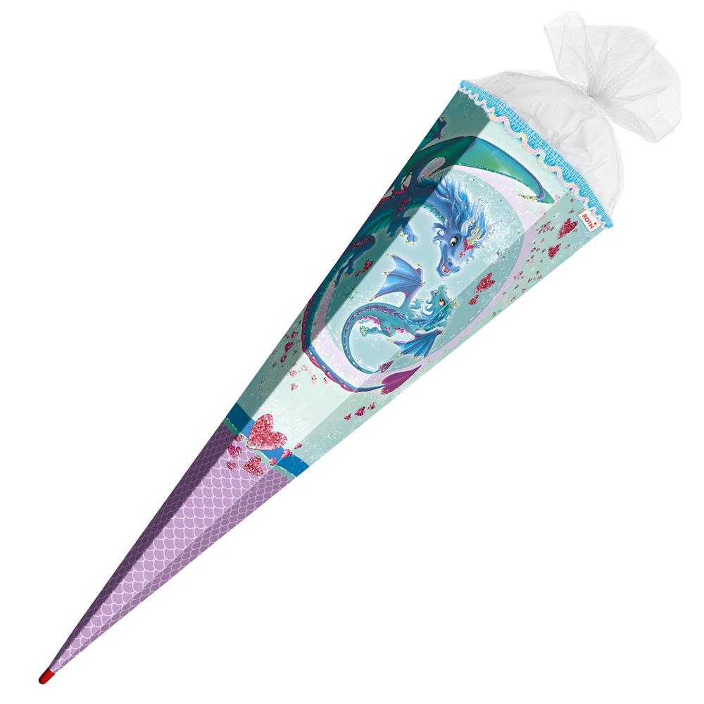 Roth Schultüte Drachenliebe, 85cm, eckig, Rot(h)-Spitze, Tüllverschluss, Glitter, Pailettenborte