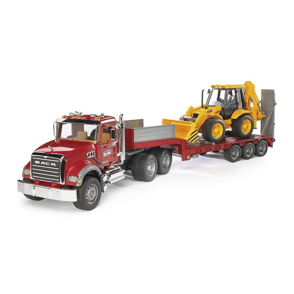 Bruder 02813 - MACK Granite LKW mit Tieflader und JCB 4CX Baggerlader, 1:16