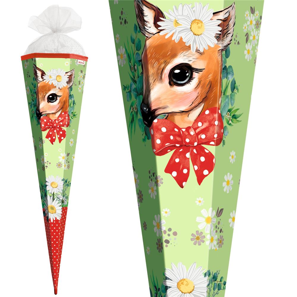 Roth Schultüte Reh, 85cm, eckig, Rot(h)-Spitze, Tüllverschluss