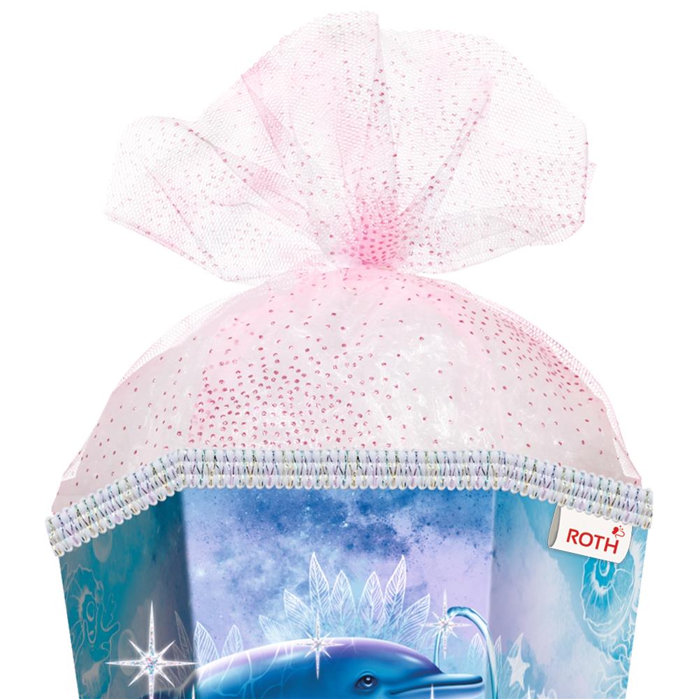 Roth Schultüte Delfine, 85cm, eckig, Rot(h)-Spitze, Tüllverschluss, Glitter, Glitzerborte