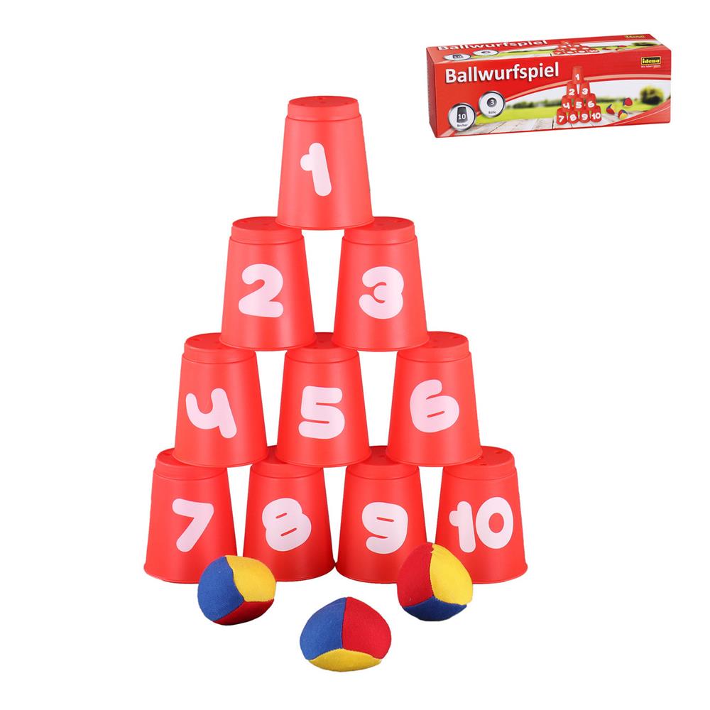 Idena Ballwurfspiel für Kinder mit 10 Bechern und 3 Bällen rot Kindergeburtstag Gartenspielzeug