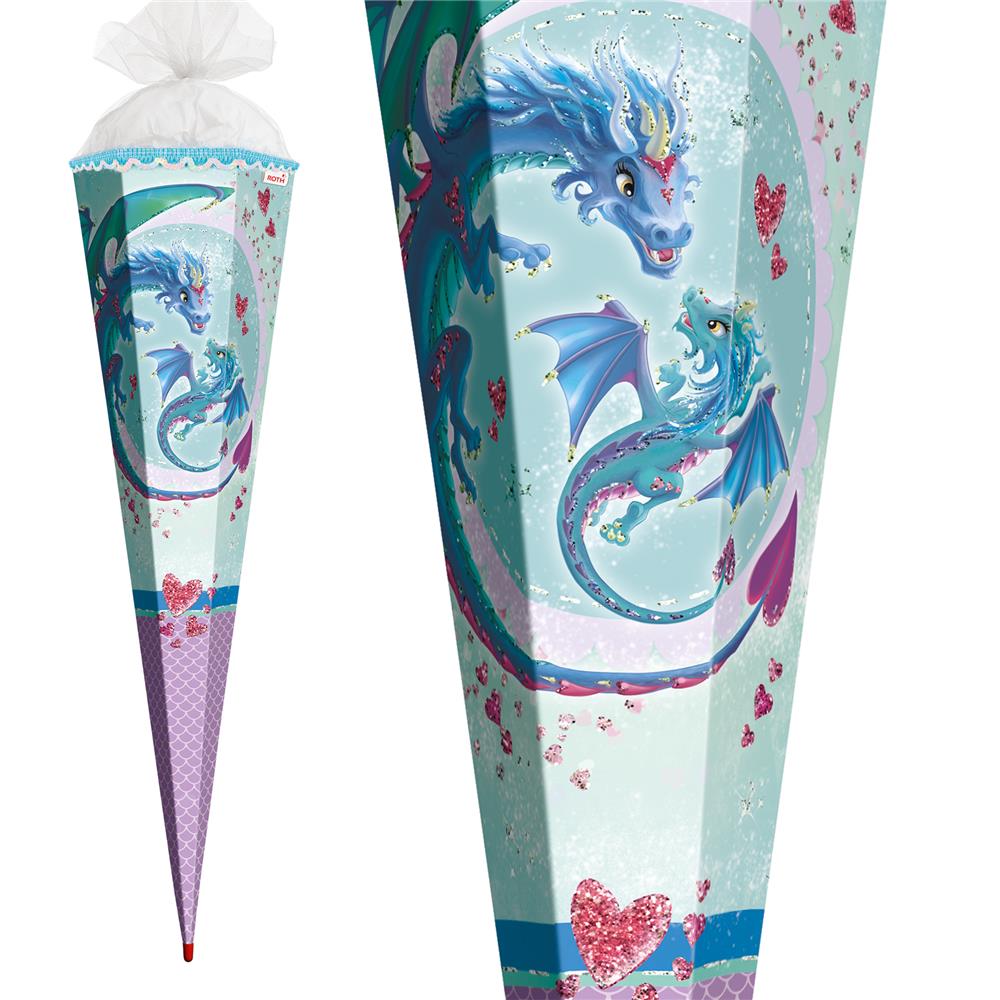 Roth Schultüte Drachenliebe, 85cm, eckig, Rot(h)-Spitze, Tüllverschluss, Glitter, Pailettenborte