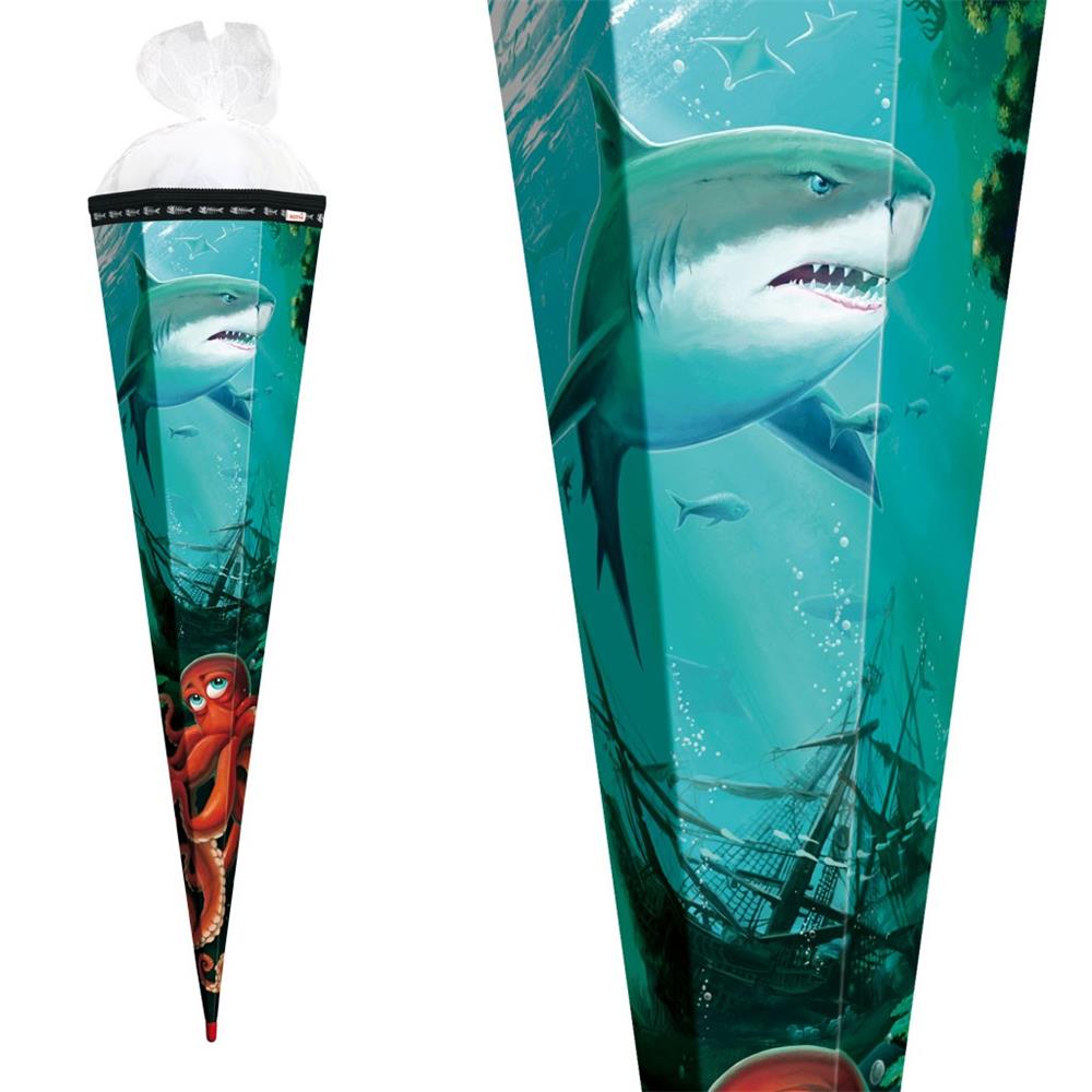 Roth Schultüte Hai mit Krake, 85cm, eckig, Rot(h)-Spitze, Tüllverschluss, Schmuckborte