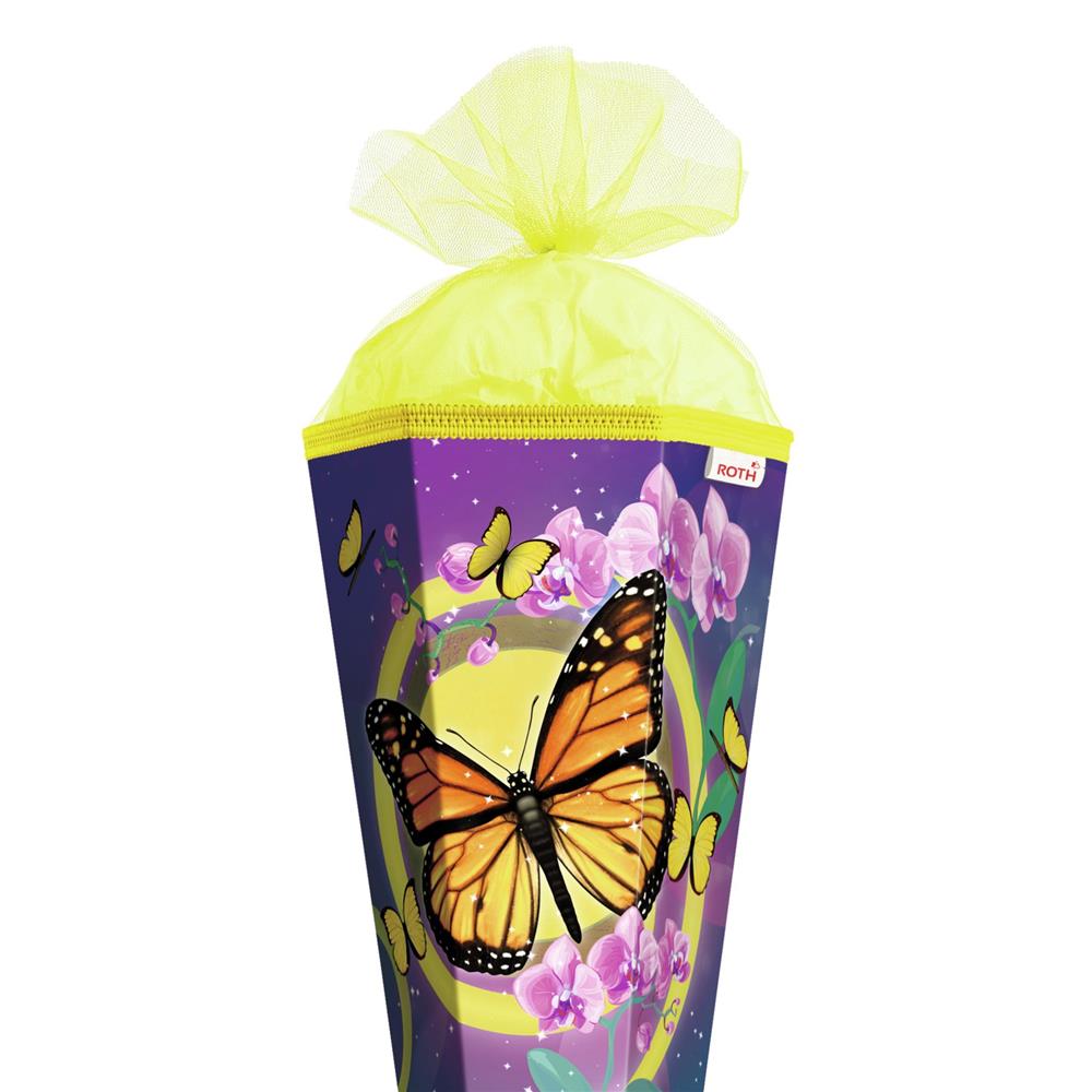 Roth Schultüte Schmetterling, 85cm, eckig, mit Rot(h)-Spitze und gelben Tüllverschluss