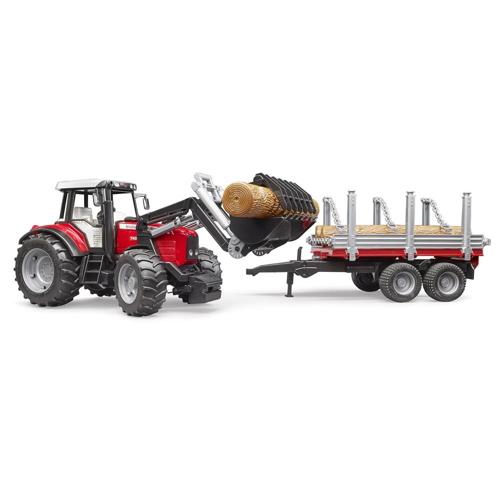 Bruder 02046 - Massey Ferguson 7480 mit Frontlader und Holztransportanhänger und 3 Baumstämmen