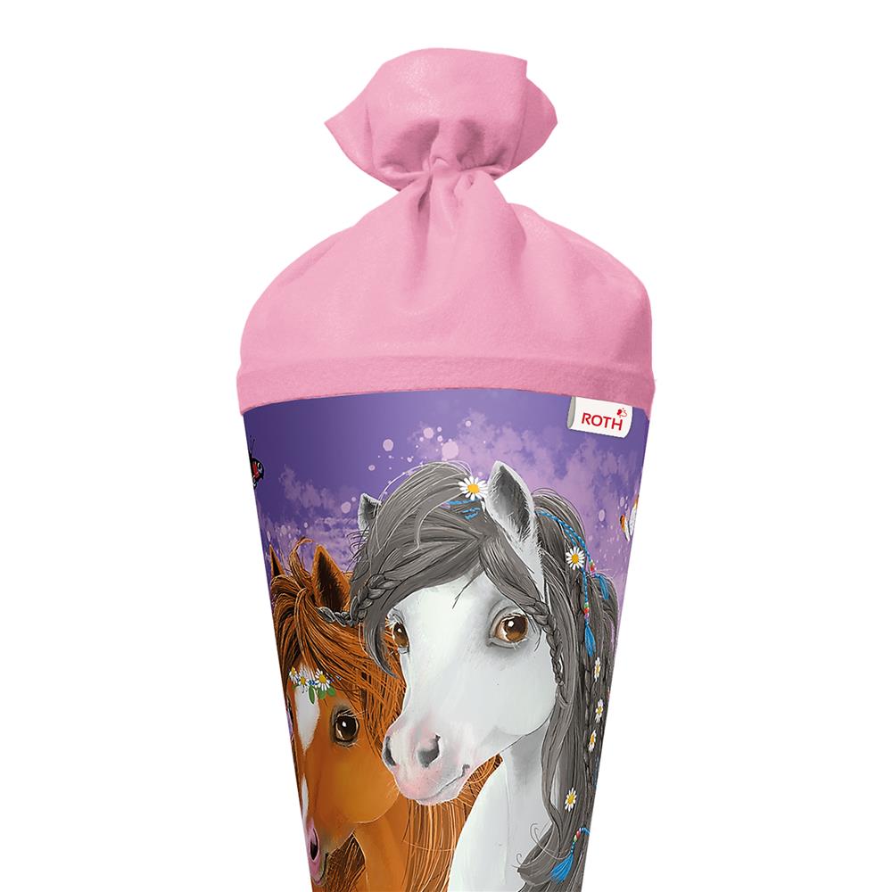 Roth Schultüte Blumenpferde, 70cm, rund, Rot(h)-Spitze, Filzverschluss