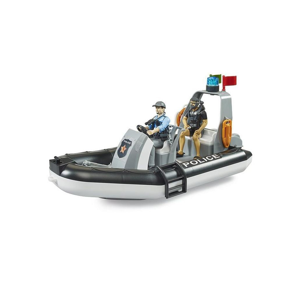 Bruder 62733 - bworld Polizei Schlauchboot mit Rundumleuchte, 2 Figuren und Zubehör