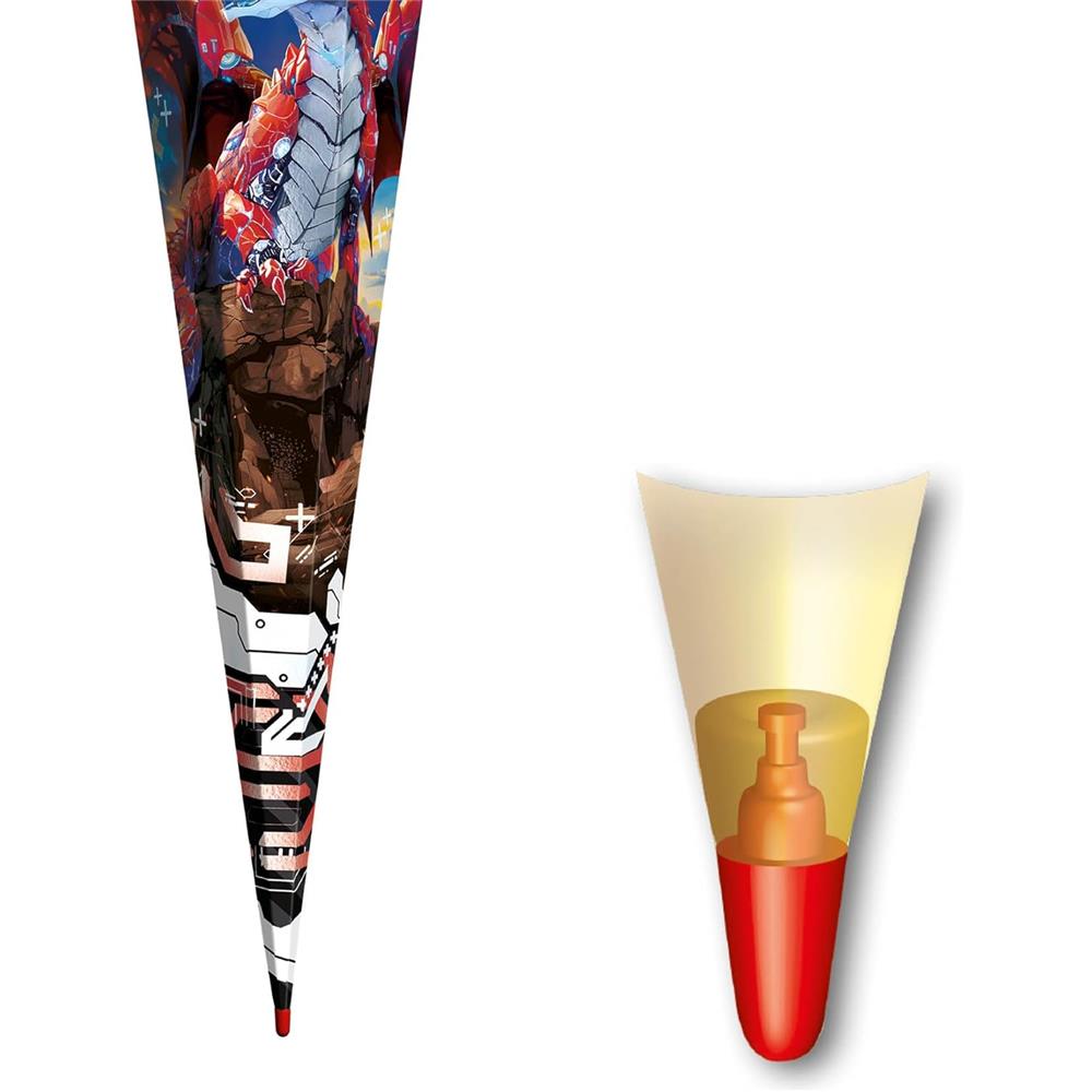 Roth Schultüte Robo Drache, 85cm, eckig, Rot(h)-Spitze, Tüllverschluss (Silbertüll), Folieneffekt