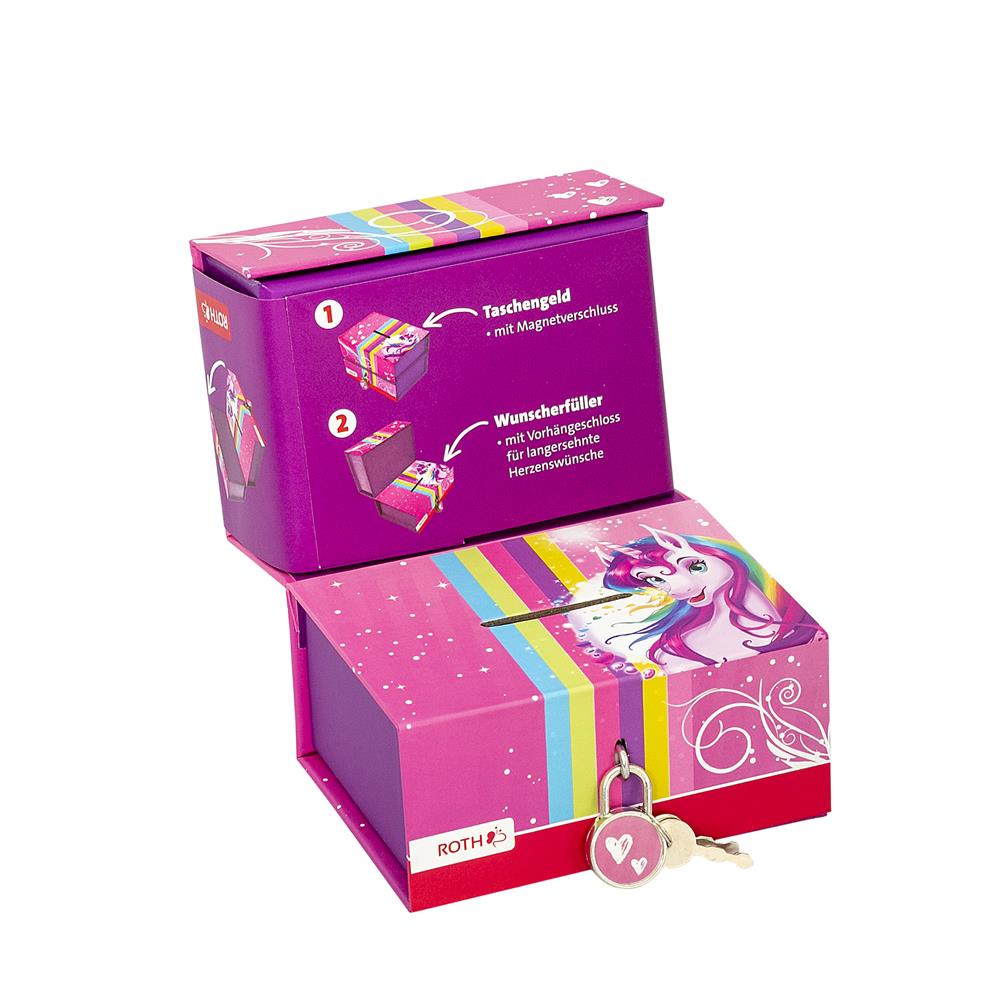 Roth Spardose Einhornportrait, mit 2 getrennten Boxen, mit Magnet und Vorhängeschloss
