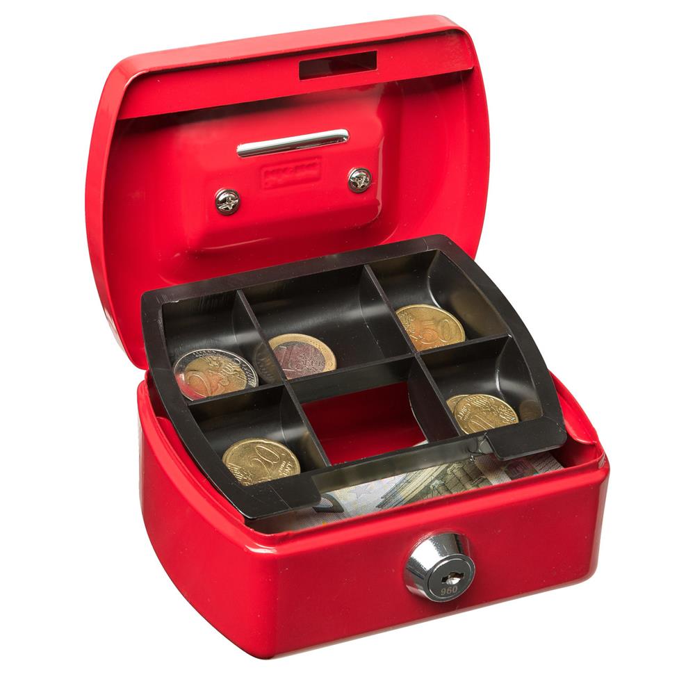 Idena Geldkassette mini, mit 6 Fächern, aus Metall, rot, mit Schlüssel