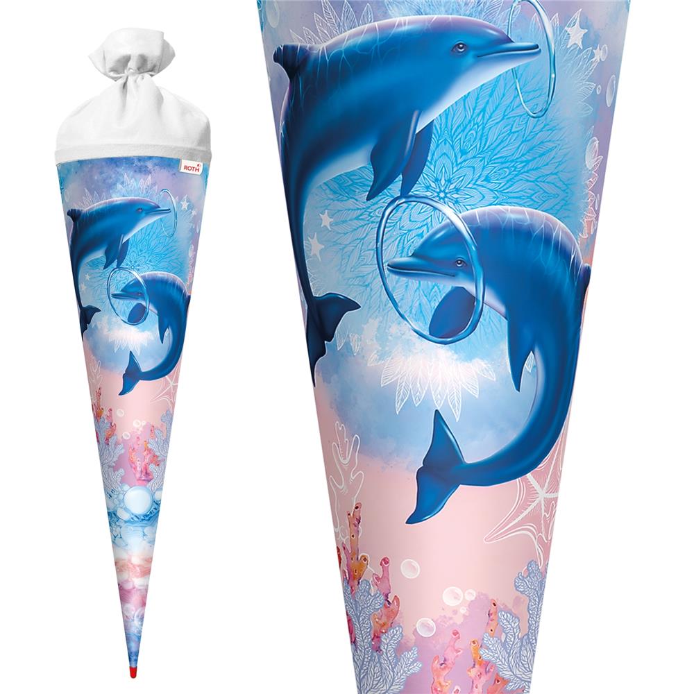 Roth Schultüte Delfine, 70cm, rund, Rot(h)-Spitze, Filzverschluss