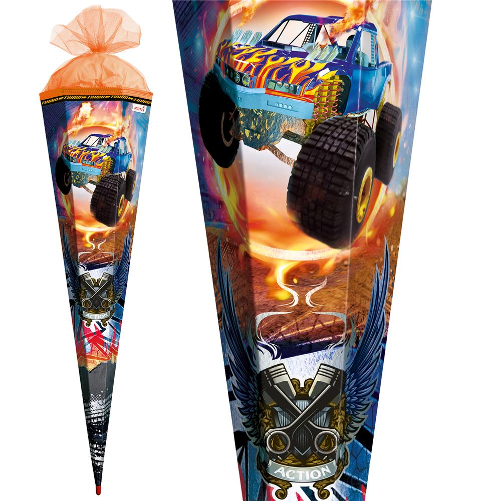 Roth Schultüte Monstertruck Fire, 85cm, eckig, Rot(h)-Spitze, Tüllverschluss, Folieneffekt