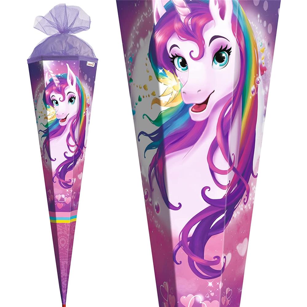 Roth Schultüte Einhornportrait, 85cm, eckig, Rot(h)-Spitze, Tüllverschluss