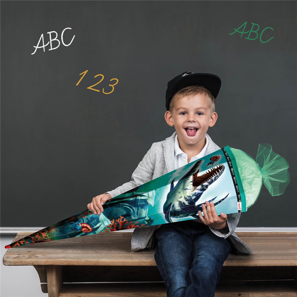 Roth Schultüte Dino Mosasaurus, 85cm, eckig, Rot(h)-Spitze, Tüllverschluss, Spezialborte