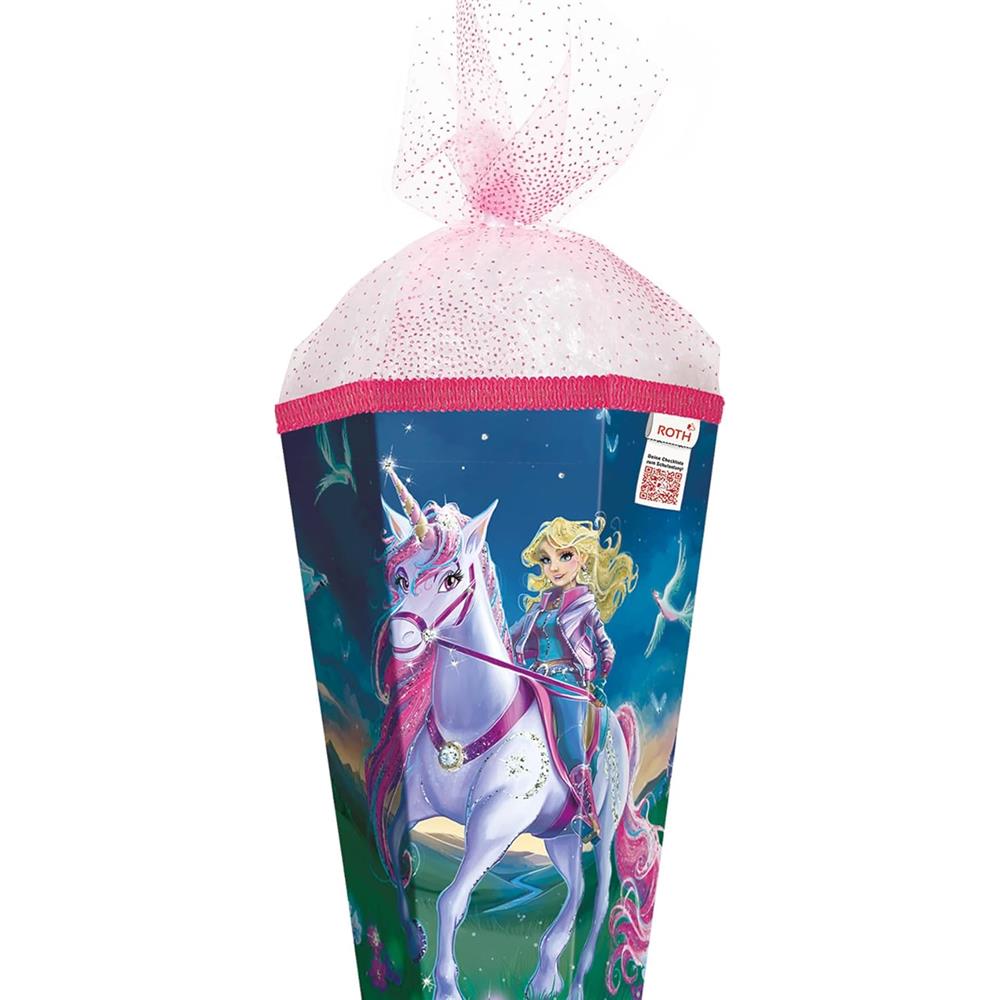 Roth Schultüte Magische Einhornreiterin, 85cm, eckig, Rot(h)-Spitze, Tüllverschluss, Glitzer