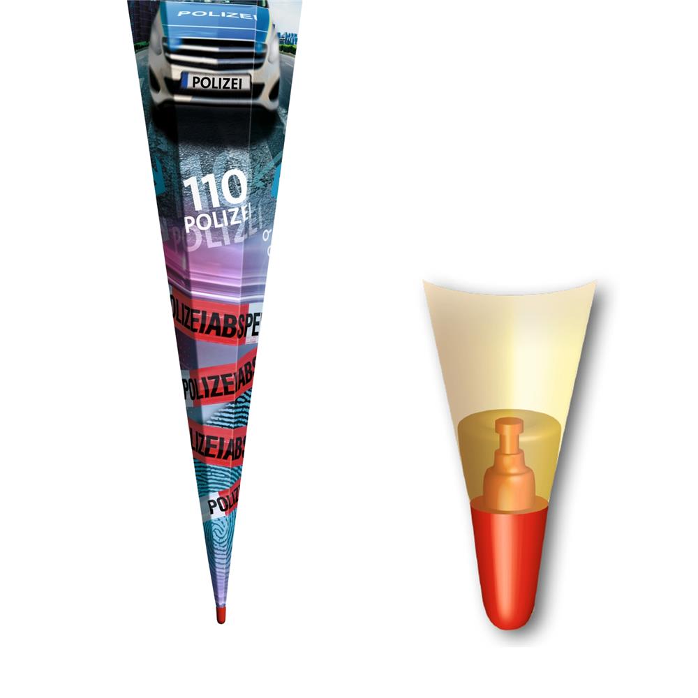 Roth Schultüte Polizei 110, 85cm, eckig, Rot(h)-Spitze, Tüllverschluss (Silbertüll), mit Licht & Sound