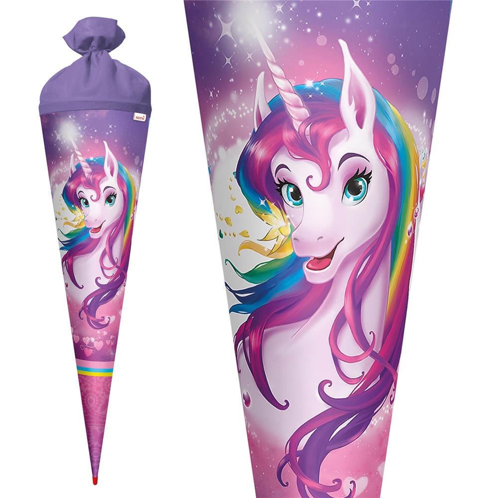 Roth Schultüte Einhornportrait, 70cm, rund, Rot(h)-Spitze, Filzverschluss