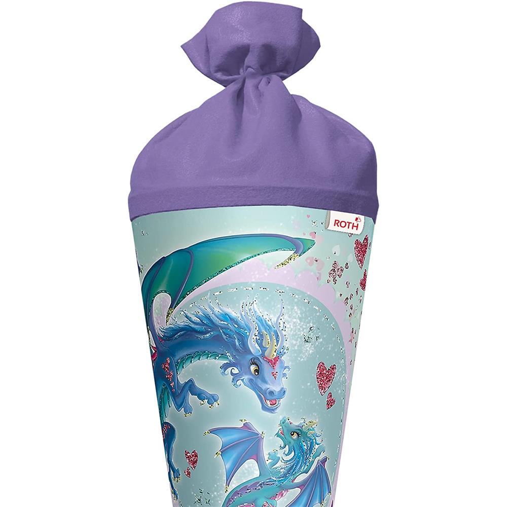 Roth Schultüte Drachenliebe, 70cm, rund, Rot(h)-Spitze, Filzverschluss, Glitter