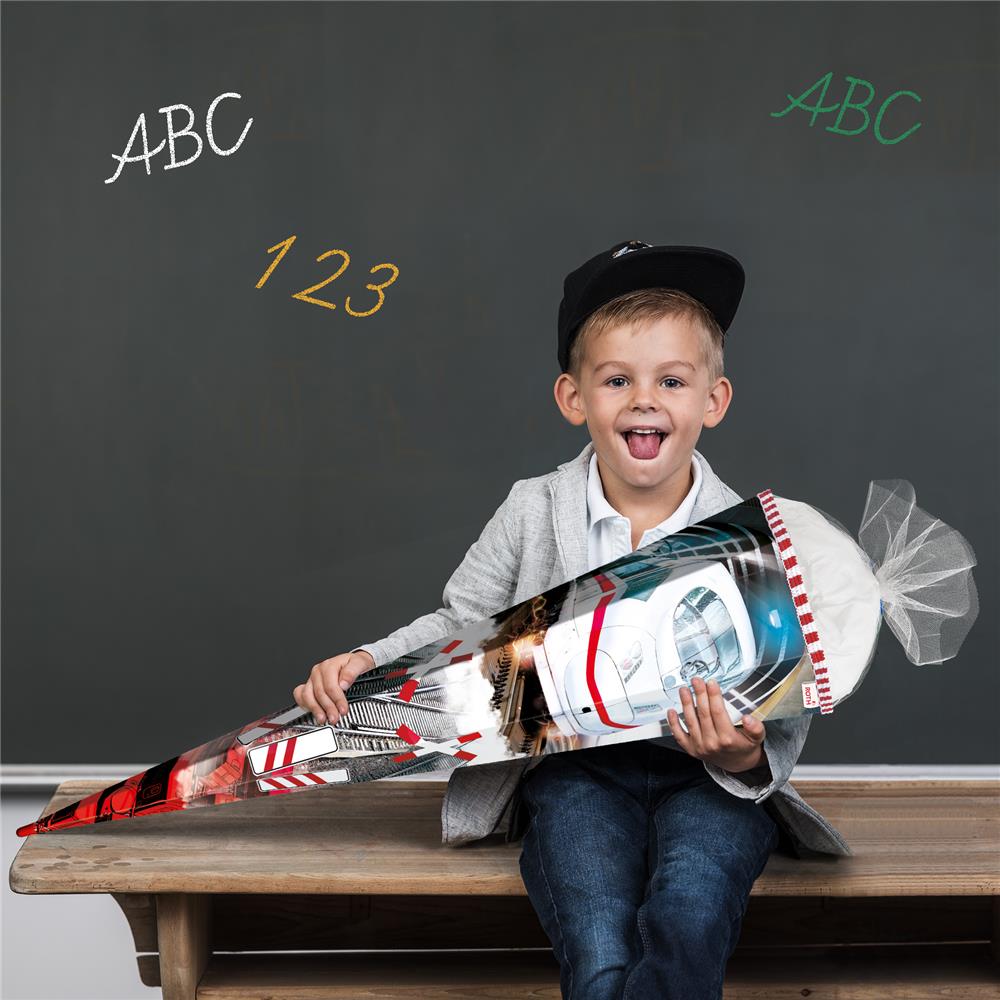 Roth Schultüte Schnellzug, 85cm, eckig, Rot(h)-Spitze, Tüllverschluss, Folieneffekt