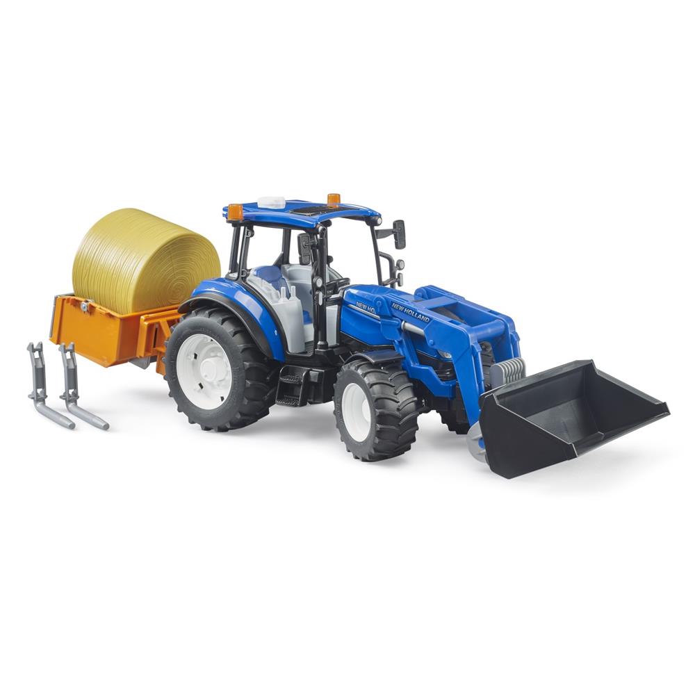 Bruder 02187 - New Holland T5.120 mit Frontlader, Ladekasten, Gabeln und Rundballen, 1:16, Traktor