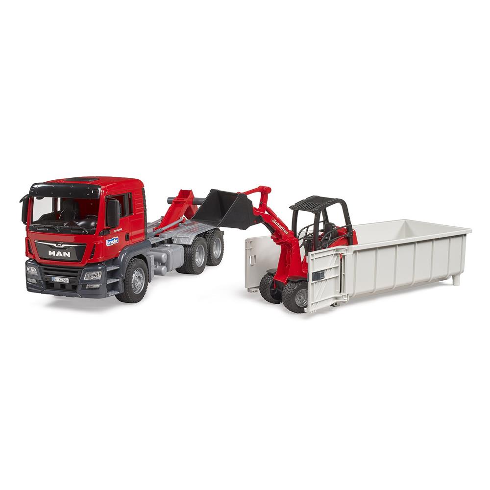 Bruder 03767 - MAN TGS LKW mit Abrollcontainer + Schäffer Hoflader 2630, 1:16