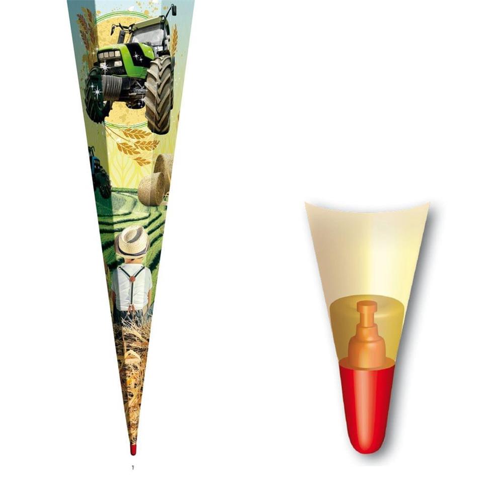 Roth Schultüte Traktor, 85cm, eckig, Rot(h)-Spitze, Netzverschluss, Folieneffekt