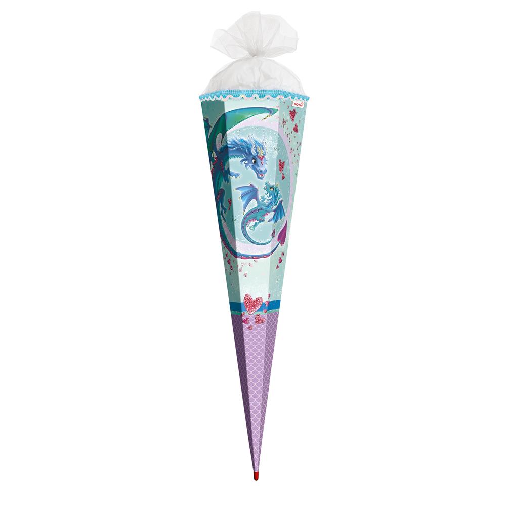 Roth Schultüte Drachenliebe, 85cm, eckig, Rot(h)-Spitze, Tüllverschluss, Glitter, Pailettenborte