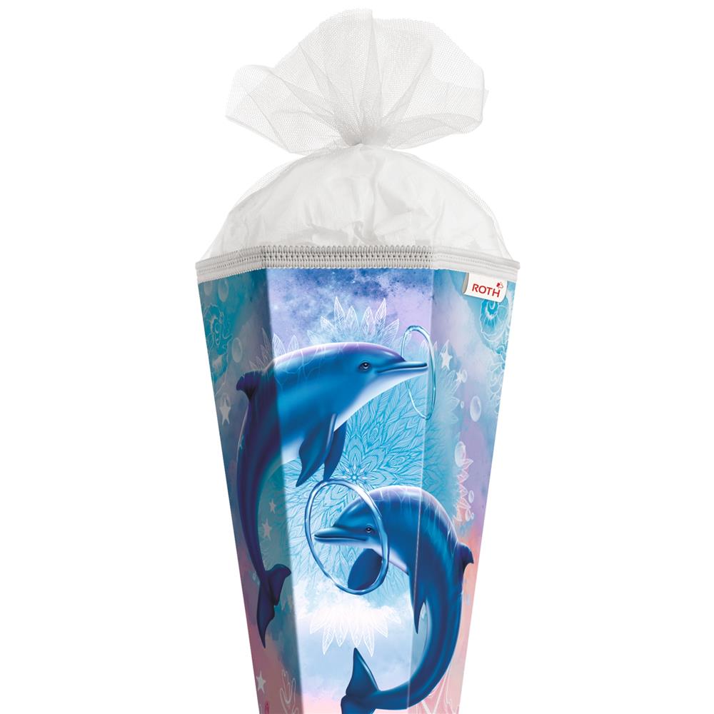 Roth Schultüte Delfine, 85cm, eckig, Rot(h)-Spitze, Tüllverschluss