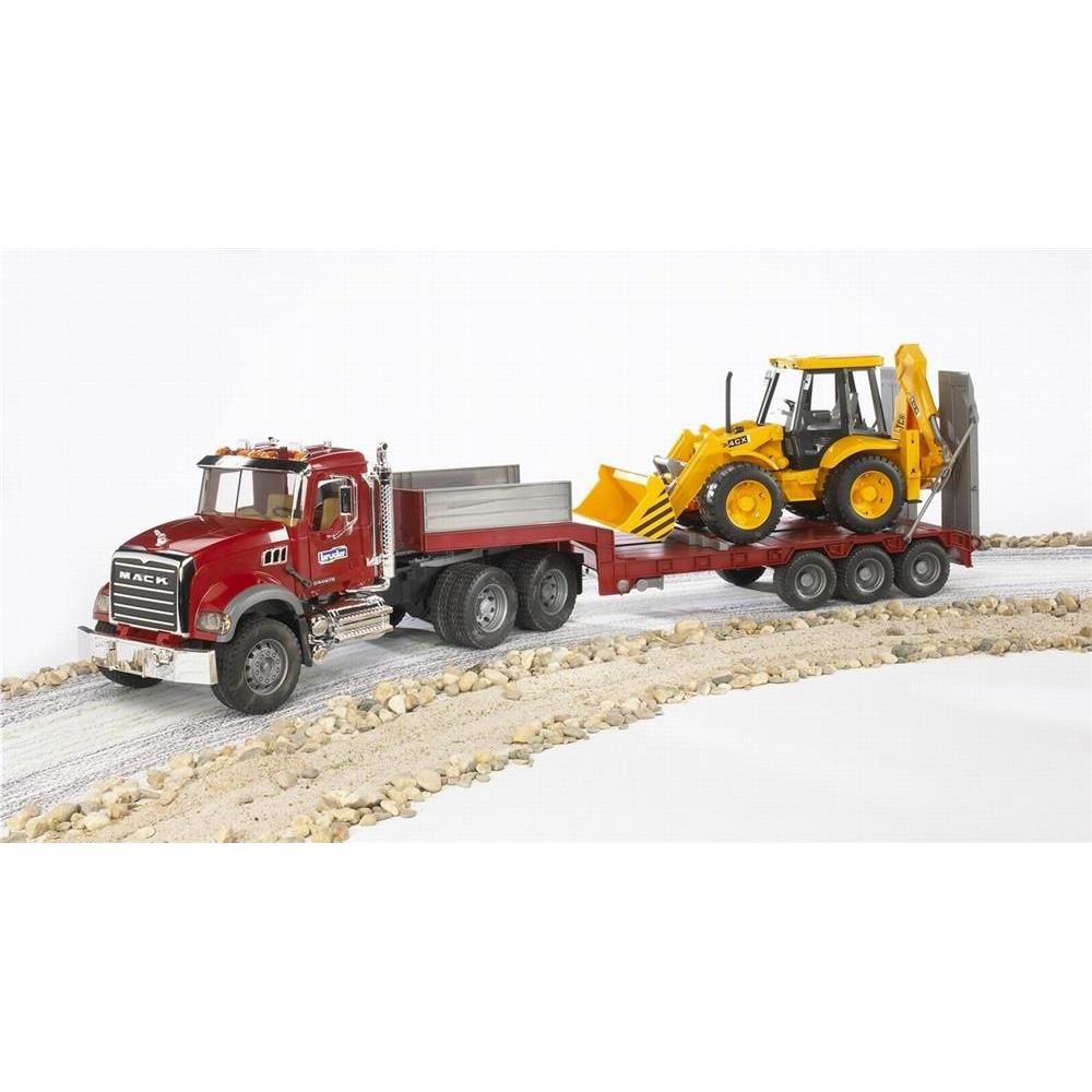 Bruder 02813 - MACK Granite LKW mit Tieflader und JCB 4CX Baggerlader, 1:16