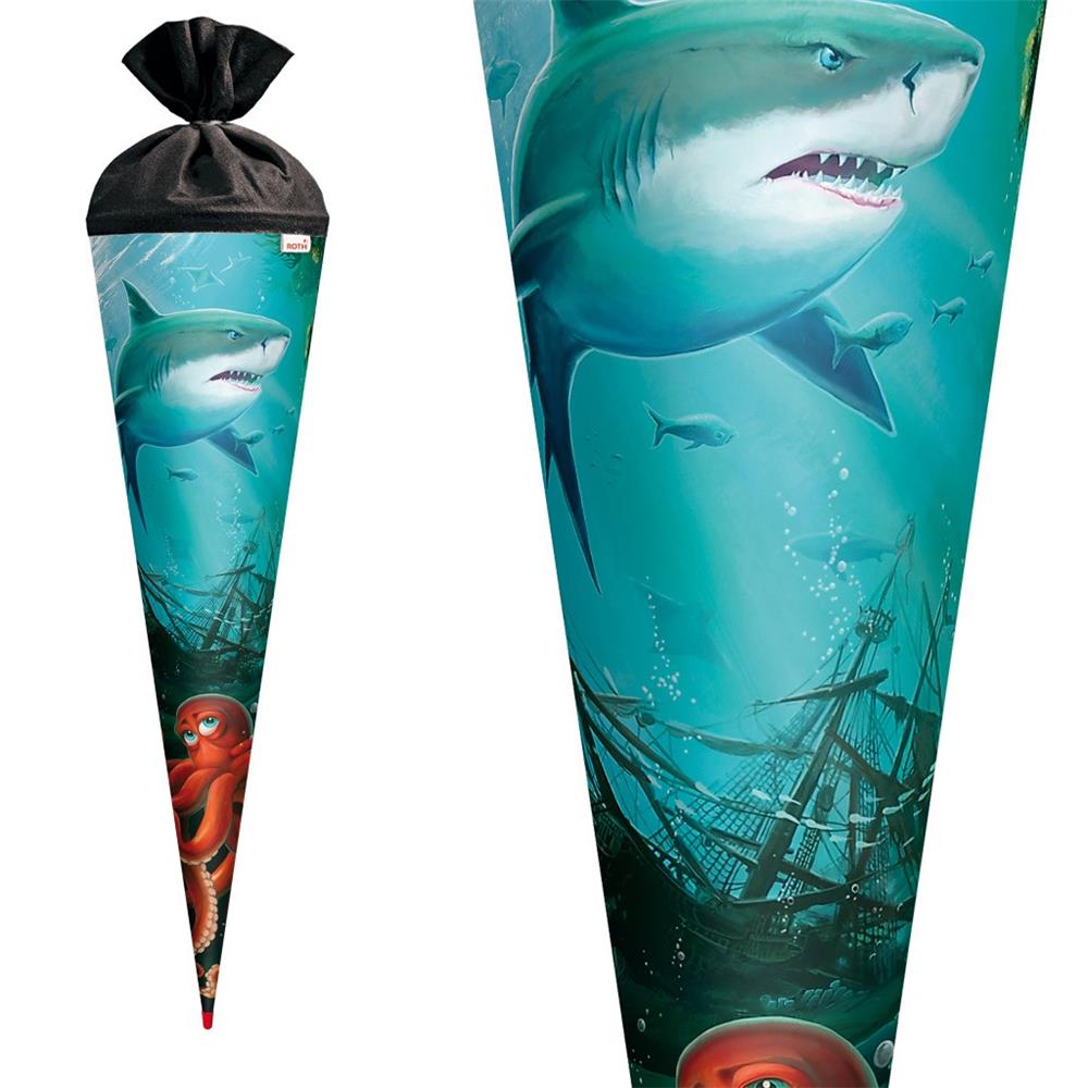 Roth Schultüte Hai mit Krake, 70cm, rund, Rot(h)-Spitze, Filzverschluss