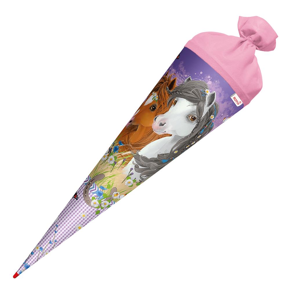 Roth Schultüte Blumenpferde, 70cm, rund, Rot(h)-Spitze, Filzverschluss