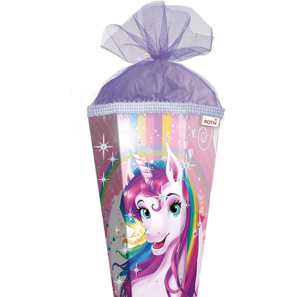 Roth Schultüte Einhornportrait mit Glitter, 85cm, eckig, mit Rot(h)-Spitze und lila Tüllverschluss